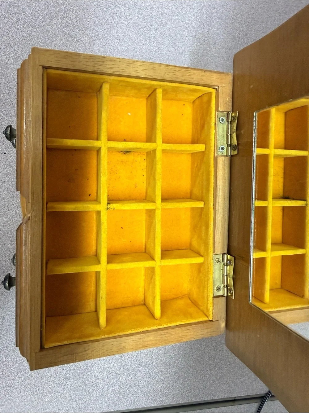 Vintage Wooden Jewelry Organizer Box with Yellow Velvet Lining